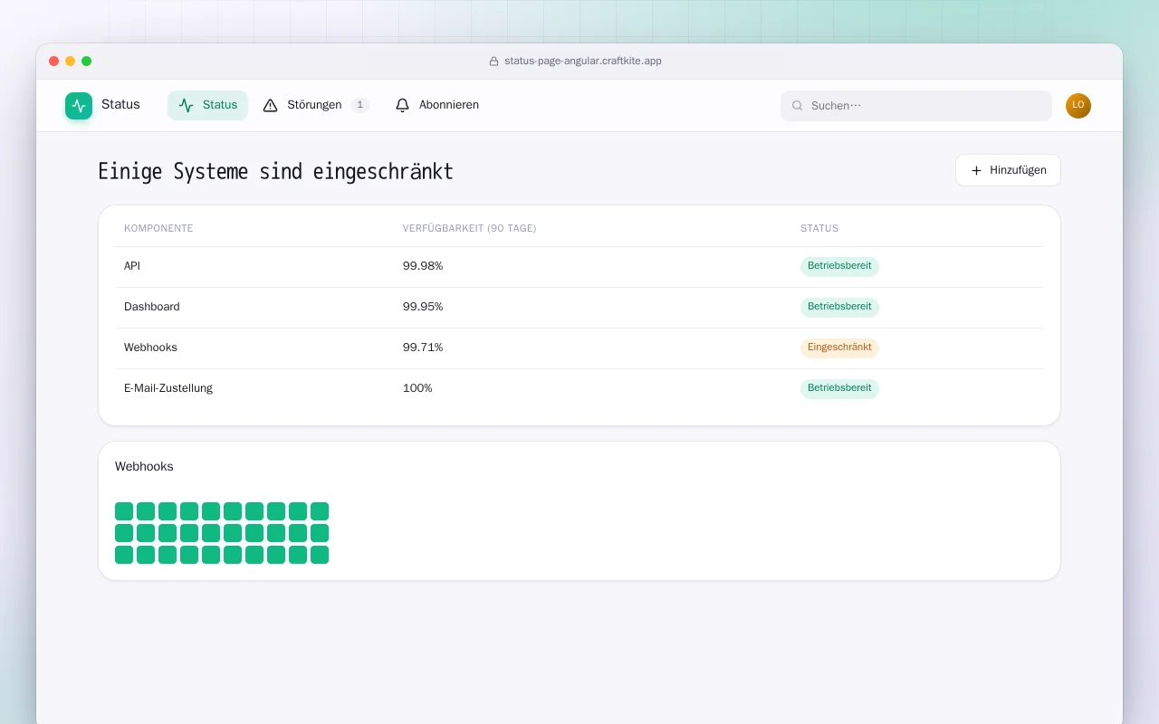 Statusseite (Angular): der Bildschirm „Einige Systeme sind eingeschränkt“