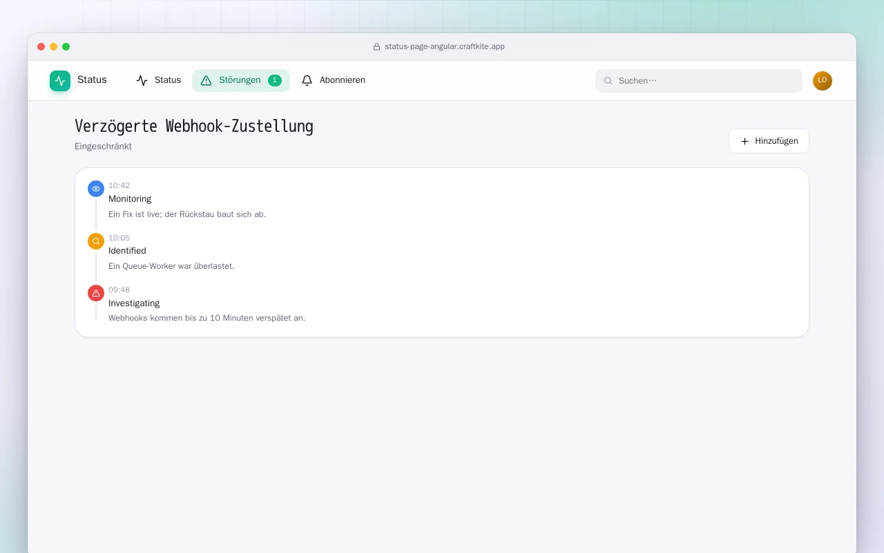 Statusseite (Angular): der Bildschirm „Verzögerte Webhook-Zustellung“