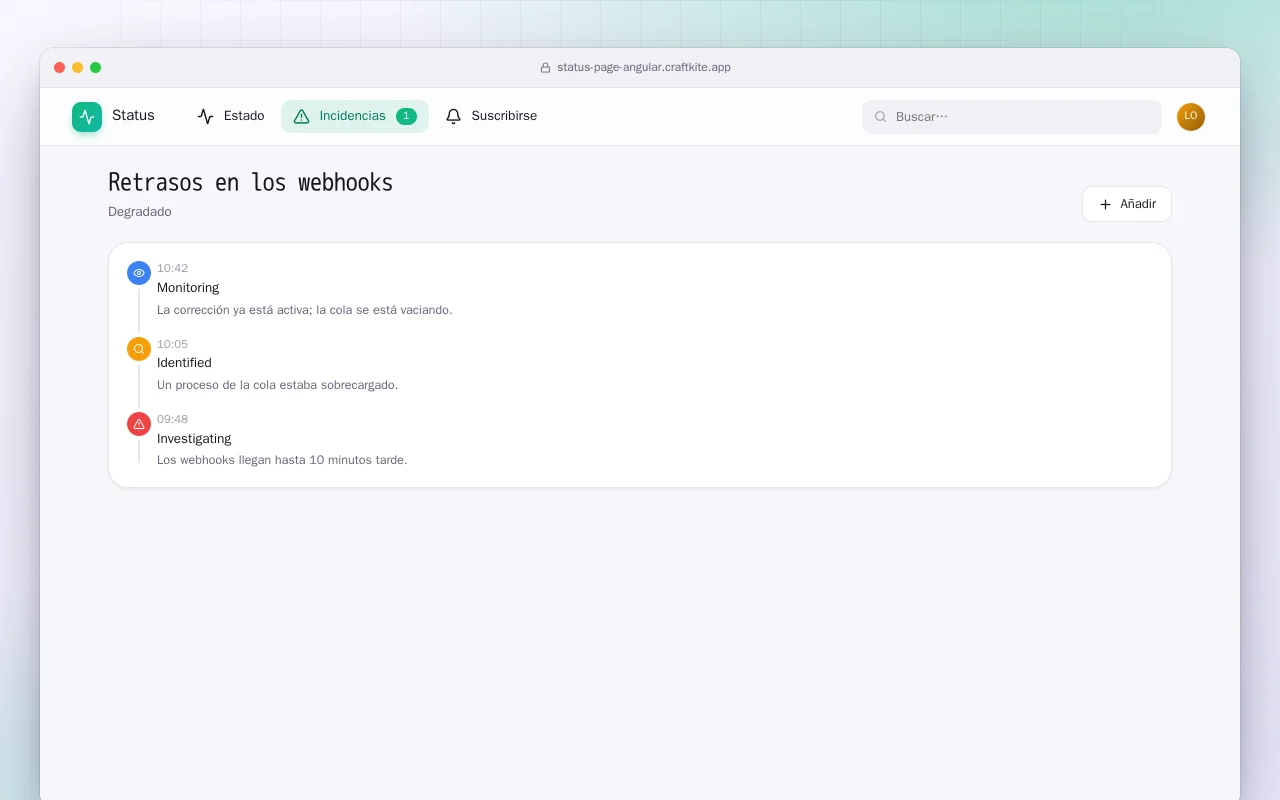 Página de estado (Angular): la pantalla Retrasos en los webhooks