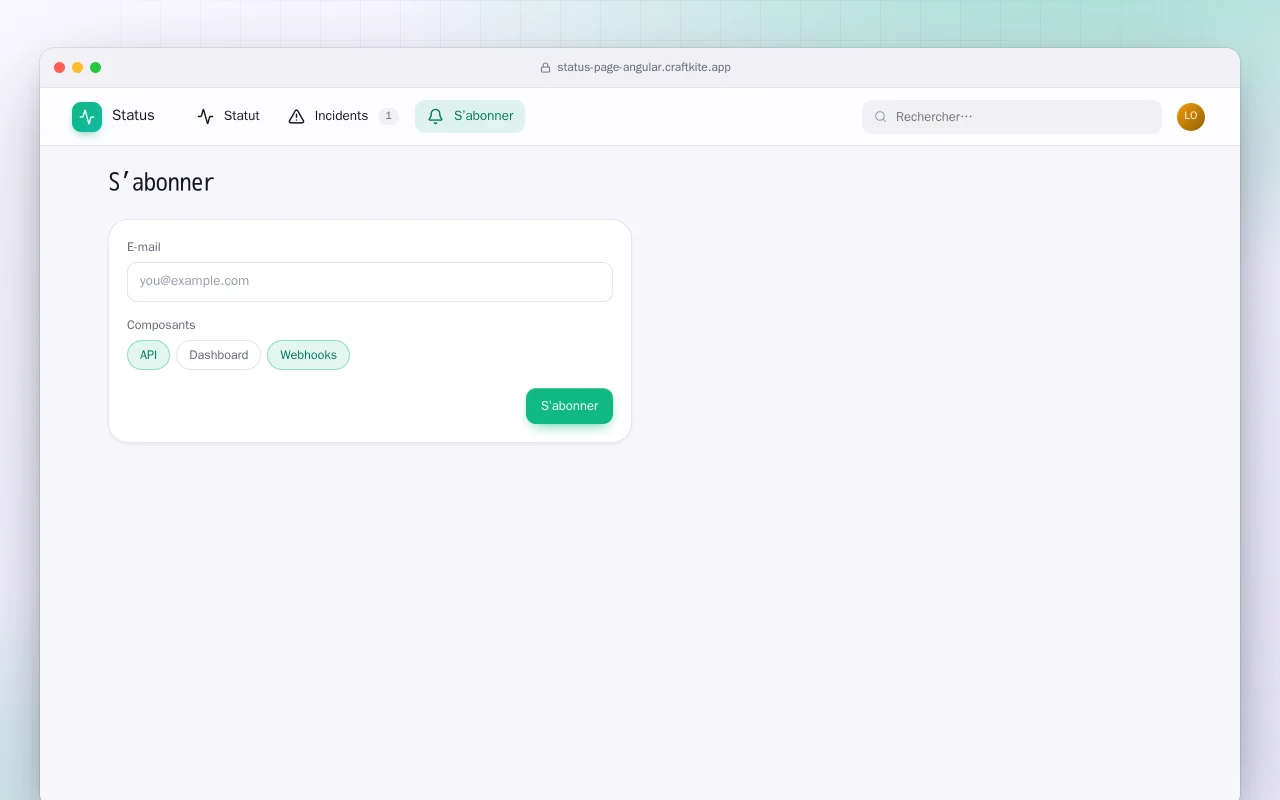 Page de statut (Angular) : l’écran S’abonner