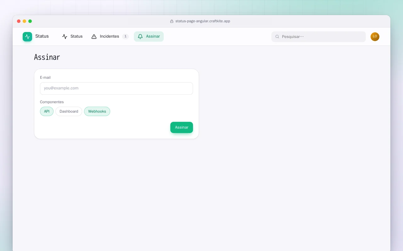 Página de status (Angular): a tela Assinar