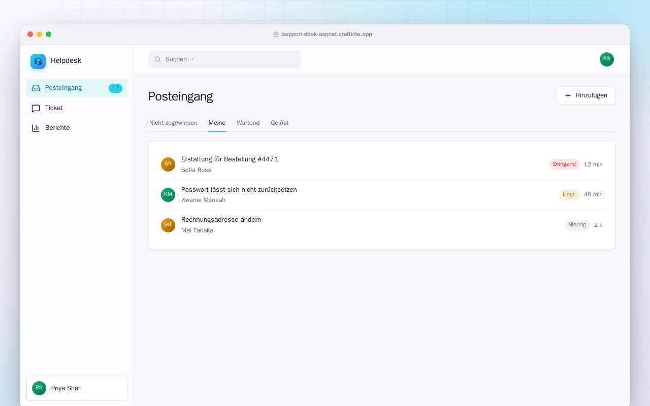 Support-Desk (ASP.NET Core): der Bildschirm „Posteingang“