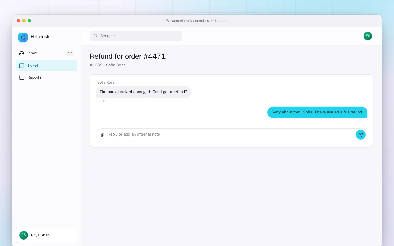 Support Desk (ASP.NET Core): the Refund for order #4471 screen