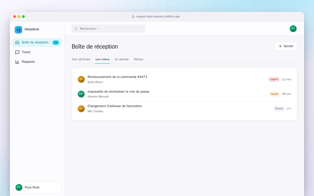 Service client (ASP.NET Core) : l’écran Boîte de réception