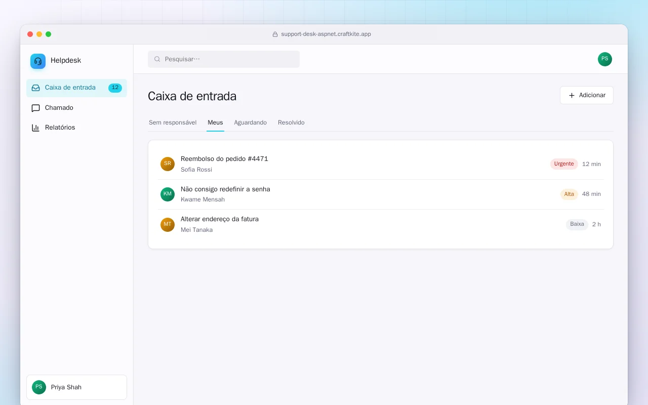 Central de suporte (ASP.NET Core): a tela Caixa de entrada