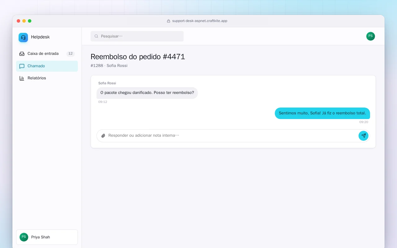 Central de suporte (ASP.NET Core): a tela Reembolso do pedido #4471