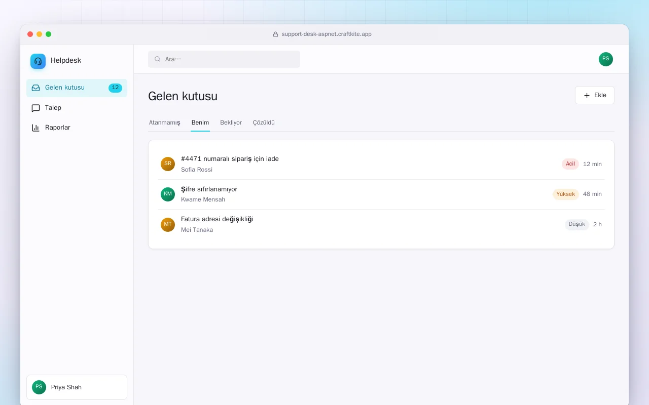 Destek Masası (ASP.NET Core): Gelen kutusu ekranı