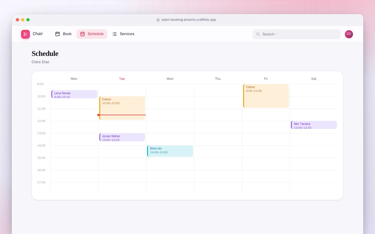 Salon Booking (Phoenix): the Schedule screen