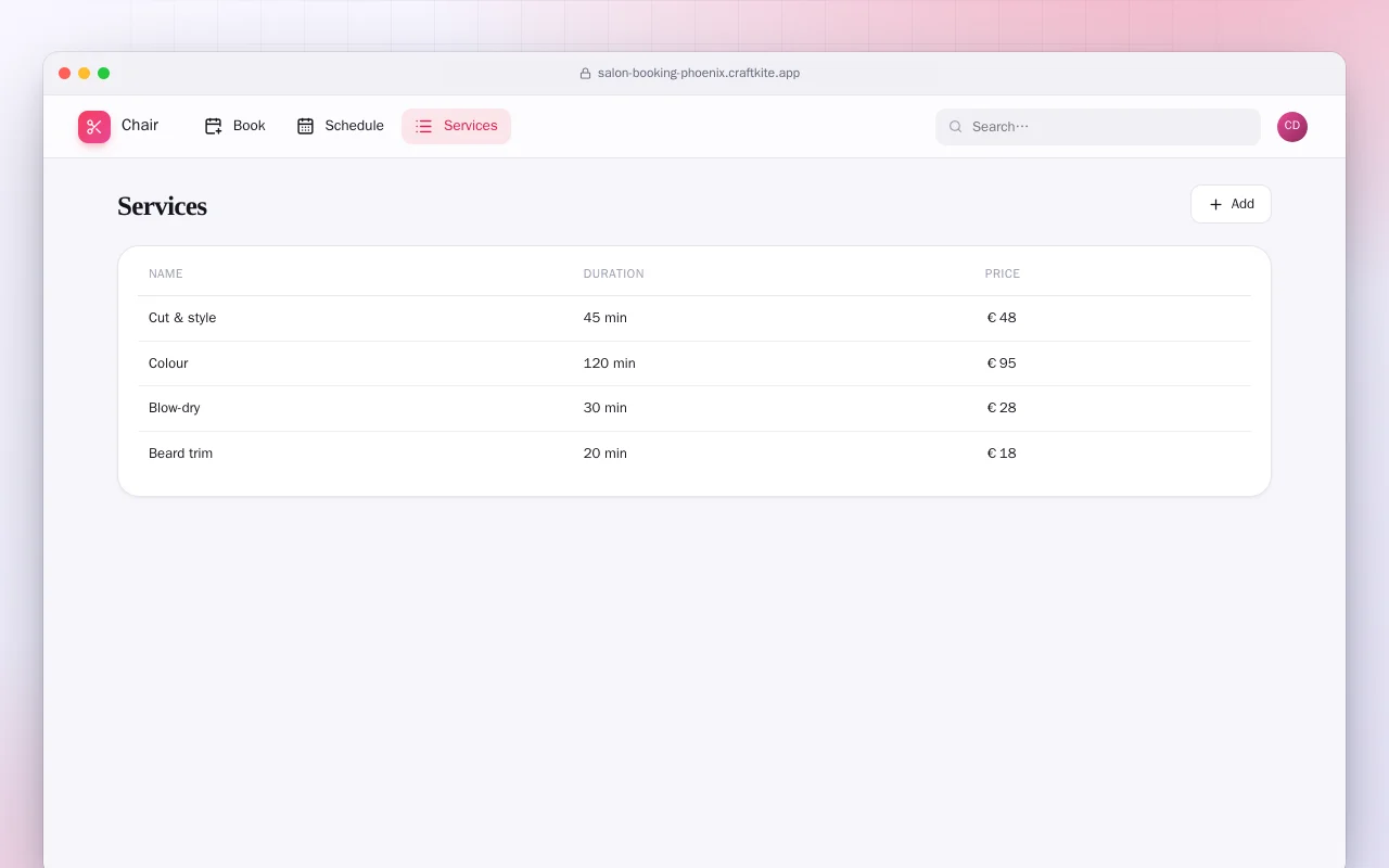 Salon Booking (Phoenix): the Services screen