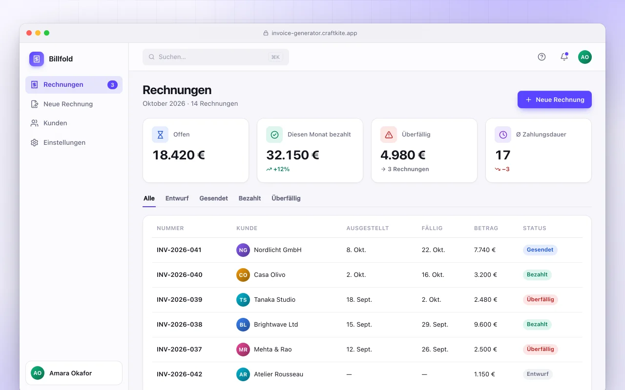 Rechnungsgenerator: der Bildschirm „Rechnungen“