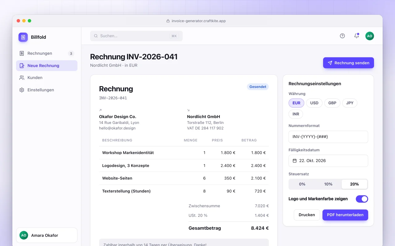 Rechnungsgenerator: der Bildschirm „Rechnung INV-2026-041“
