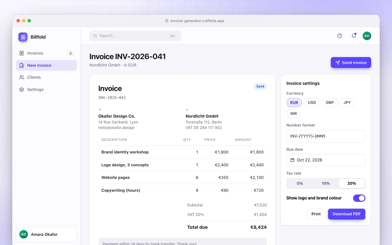 Invoice generator: the Invoice INV-2026-041 screen