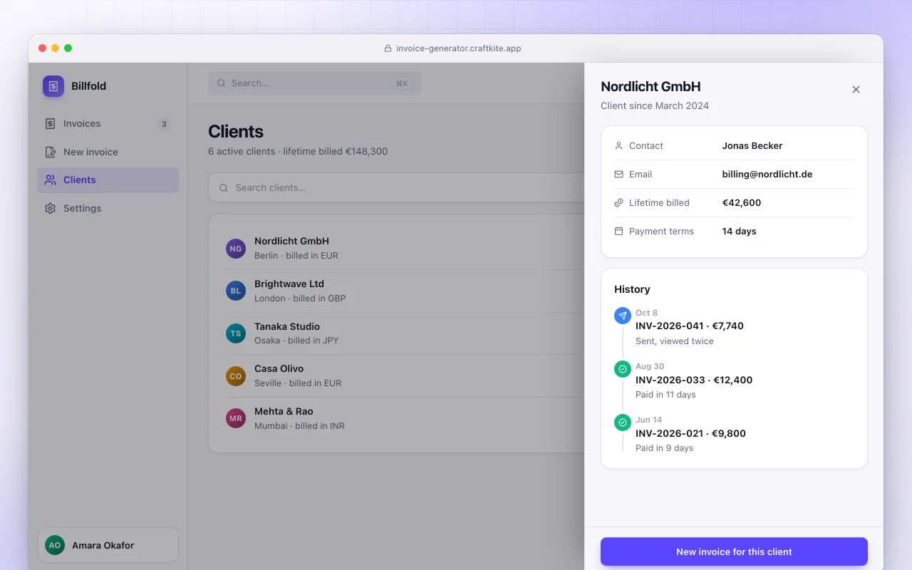 Invoice generator: the Clients screen