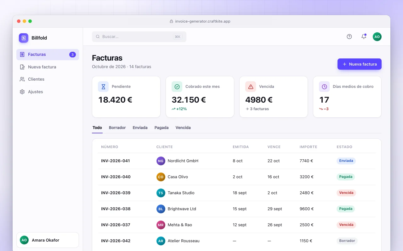 Generador de facturas: la pantalla Facturas