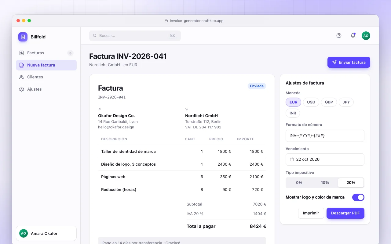 Generador de facturas: la pantalla Factura INV-2026-041