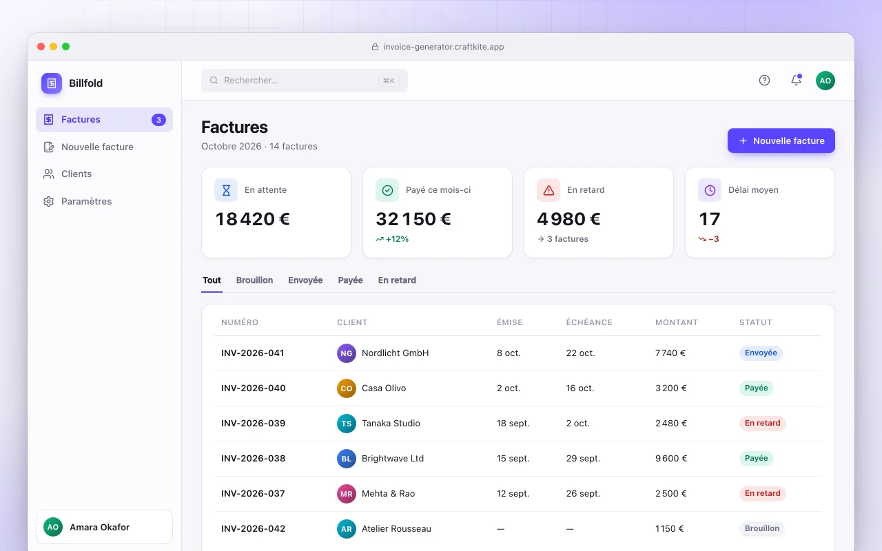 Générateur de factures : l’écran Factures