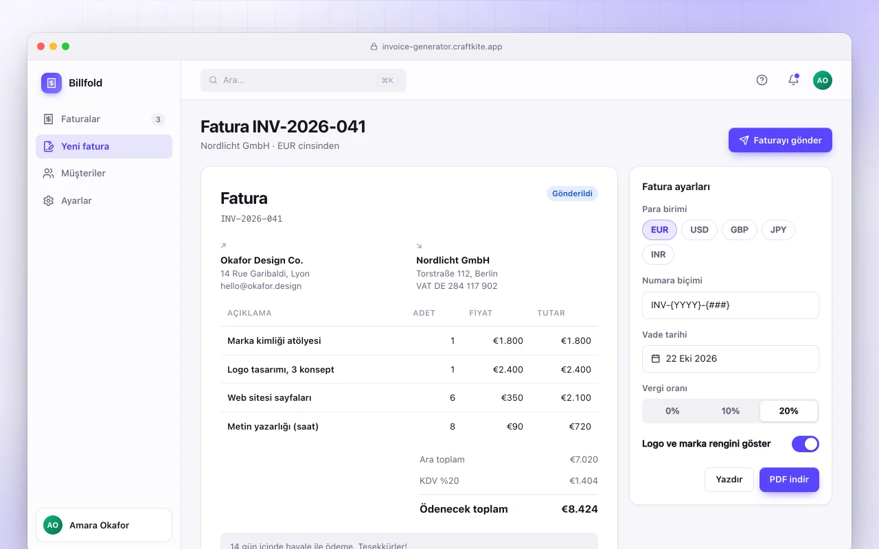 Fatura oluşturucu: Fatura INV-2026-041 ekranı