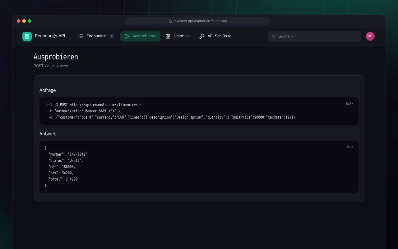 Rechnungs-API (ASP.NET Core): der Bildschirm „Ausprobieren“