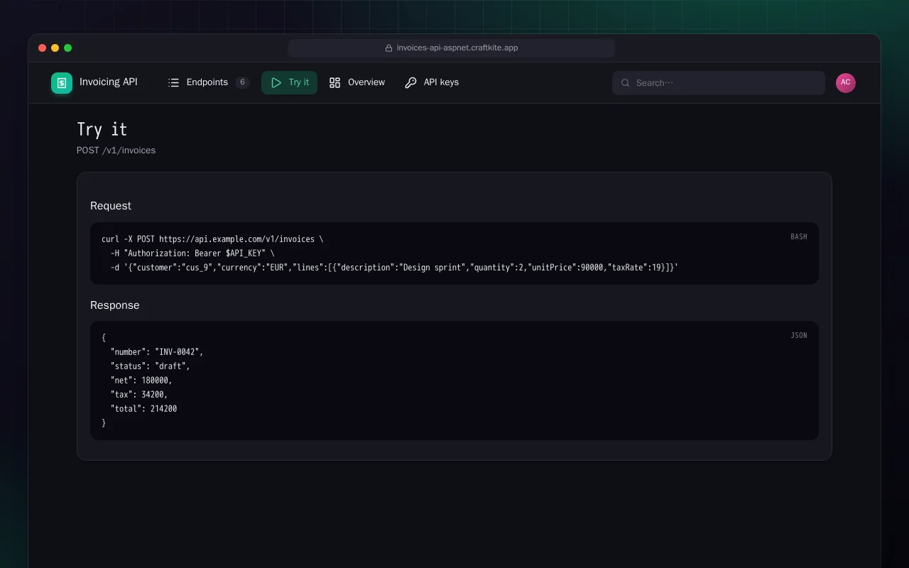 Invoicing API (ASP.NET Core): the Try it screen