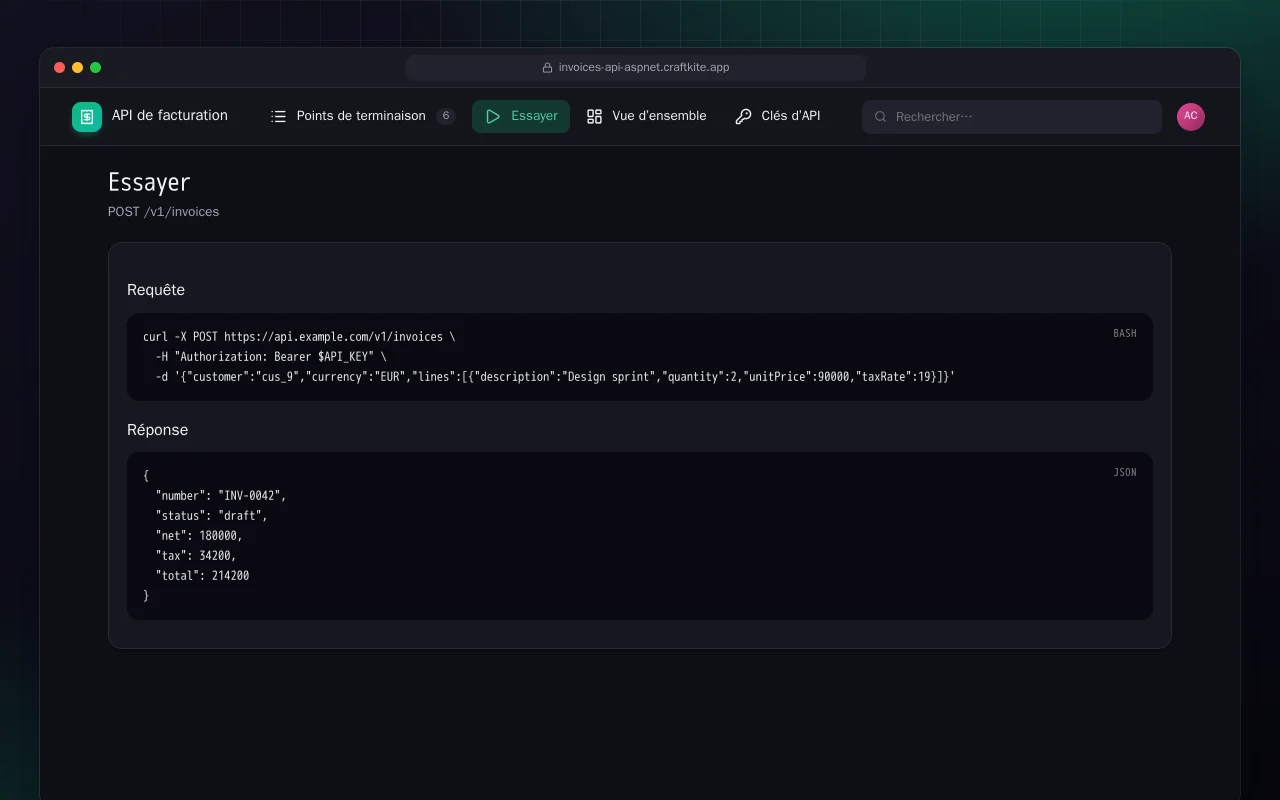 API de facturation (ASP.NET Core) : l’écran Essayer