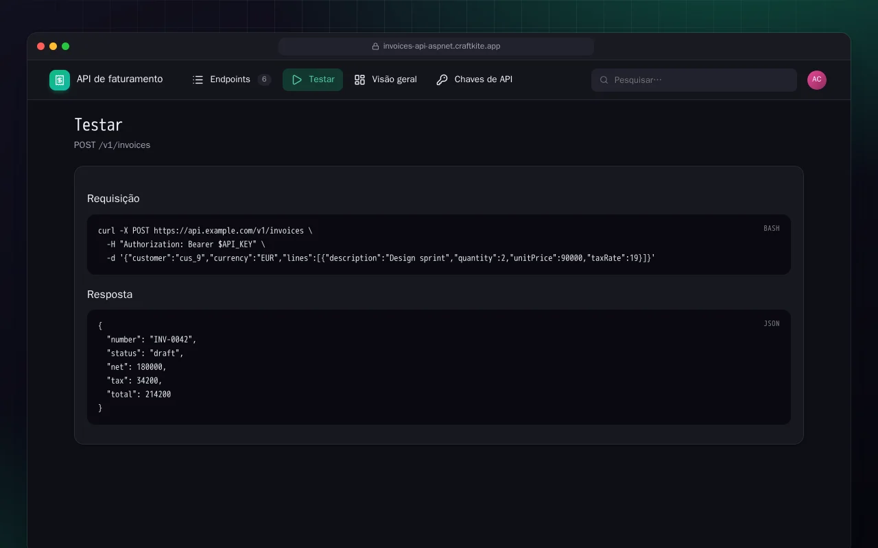 API de faturamento (ASP.NET Core): a tela Testar