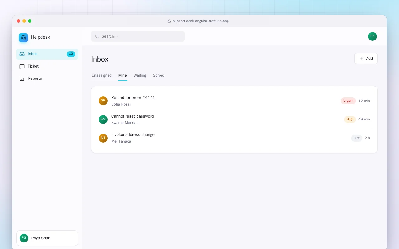 Support Desk (Angular): the Inbox screen