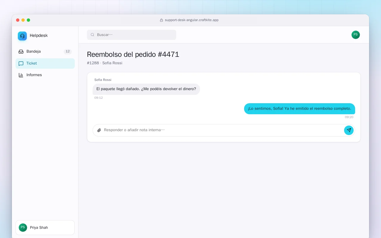 Centro de soporte (Angular): la pantalla Reembolso del pedido #4471