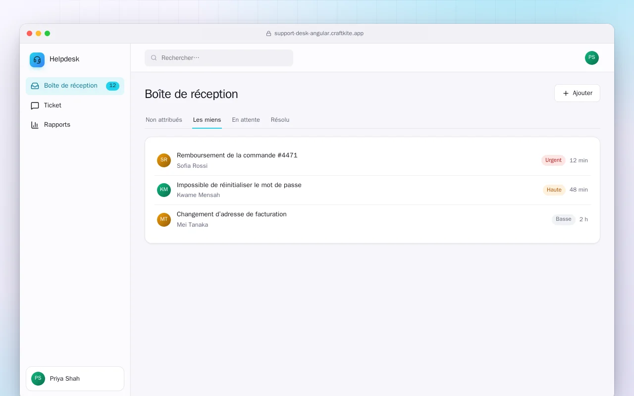 Service client (Angular) : l’écran Boîte de réception