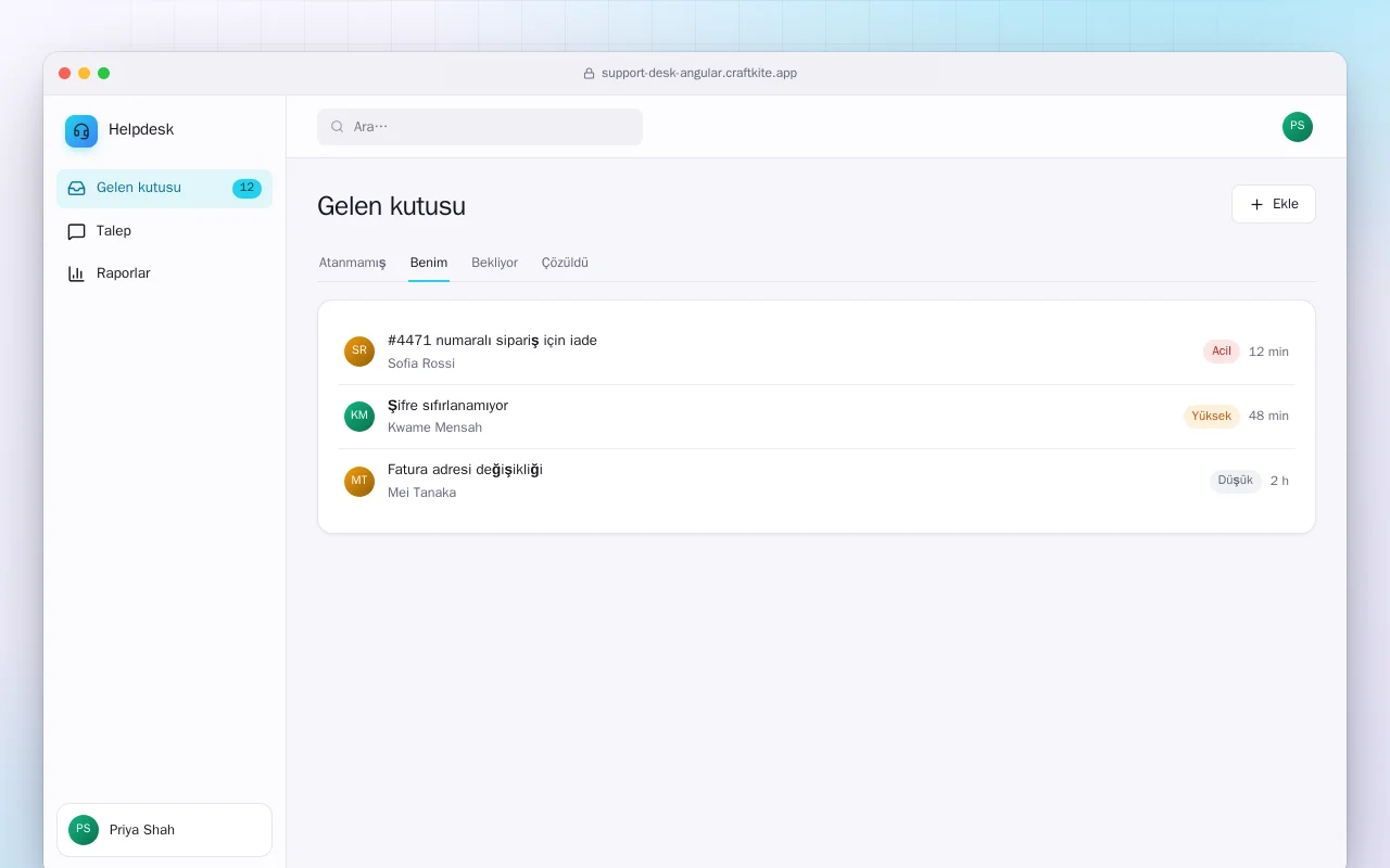 Destek Masası (Angular): Gelen kutusu ekranı
