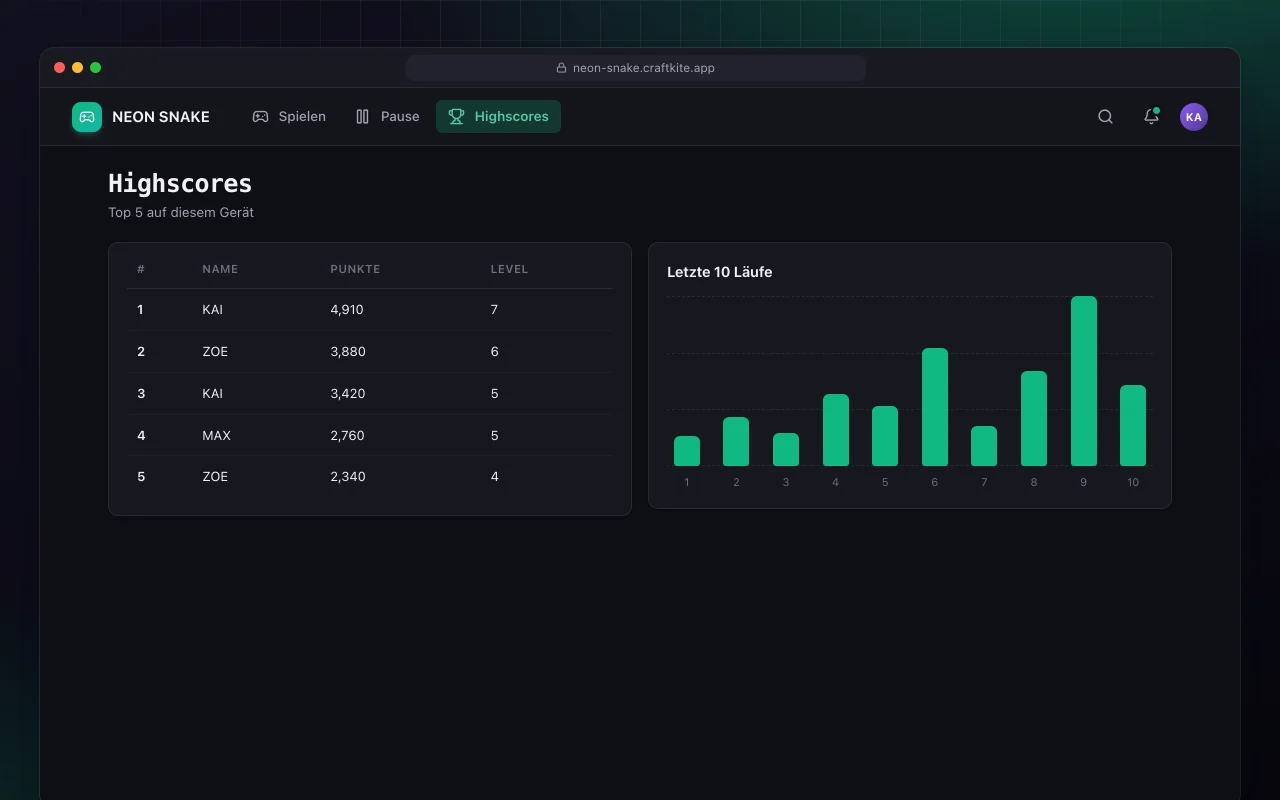 Neon-Snake: der Bildschirm „Highscores“