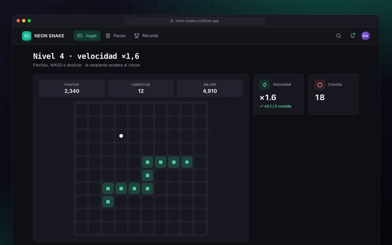 Serpiente de neón: la pantalla Nivel 4 · velocidad ×1,6