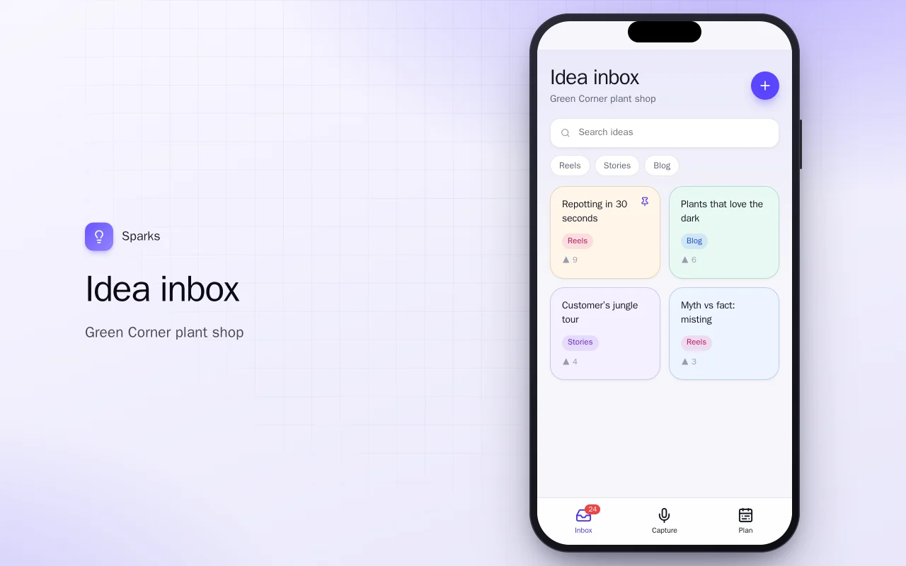 Content idea inbox: the Idea inbox screen