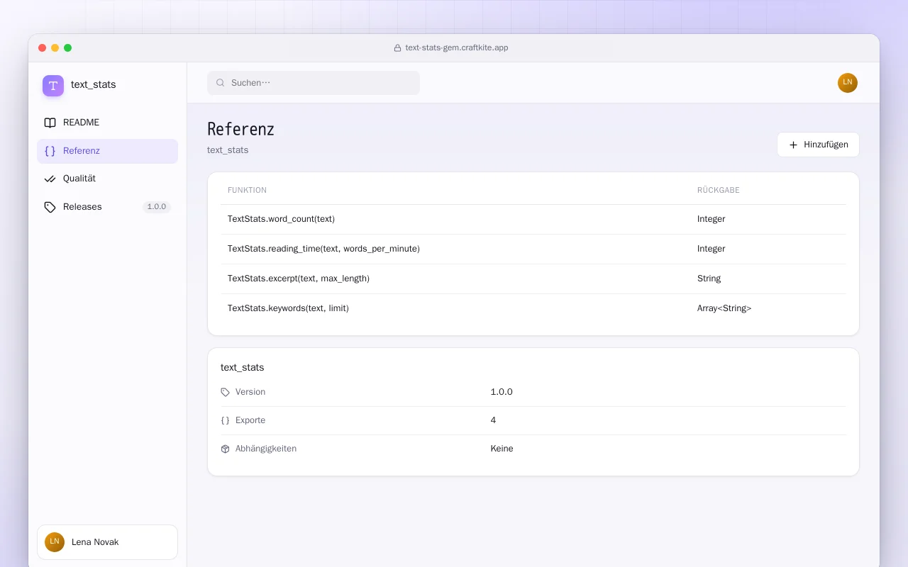 Textstatistik (Ruby): der Bildschirm „Referenz“