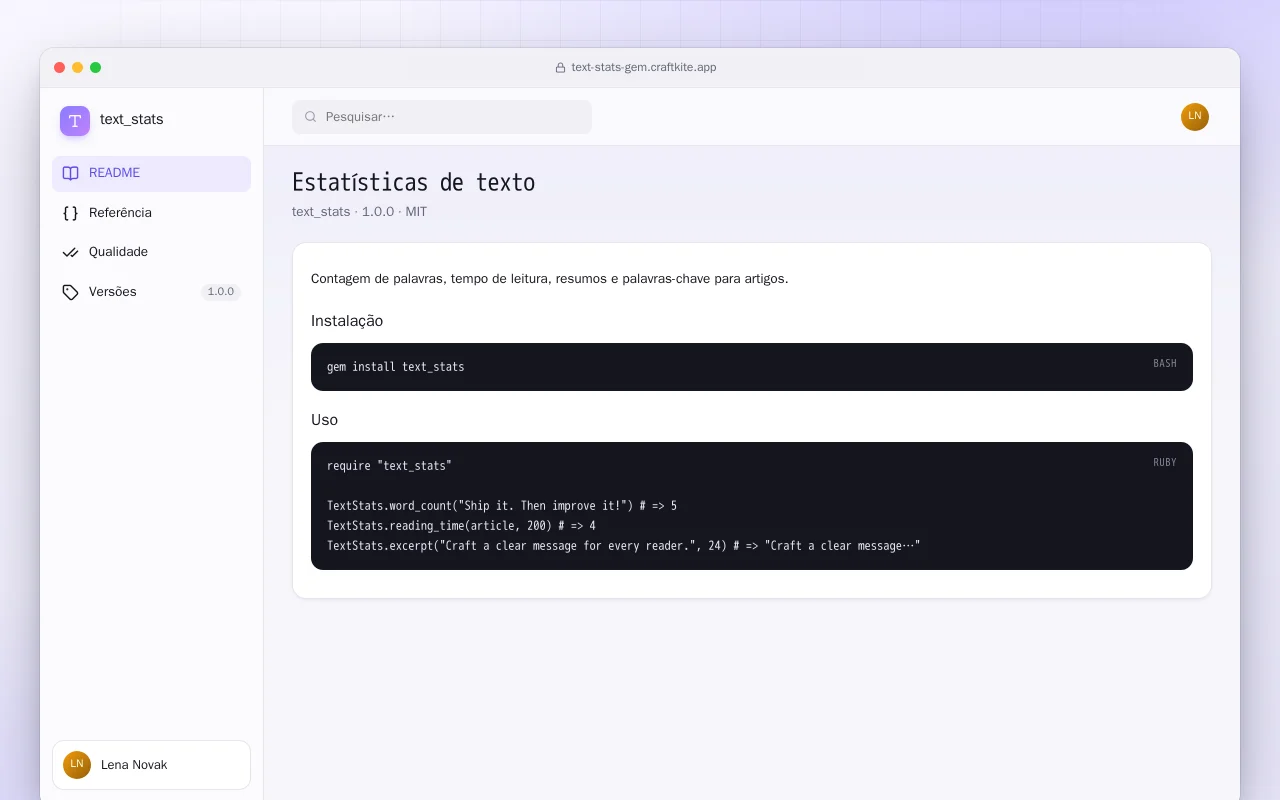 Estatísticas de texto (Ruby): a tela Estatísticas de texto