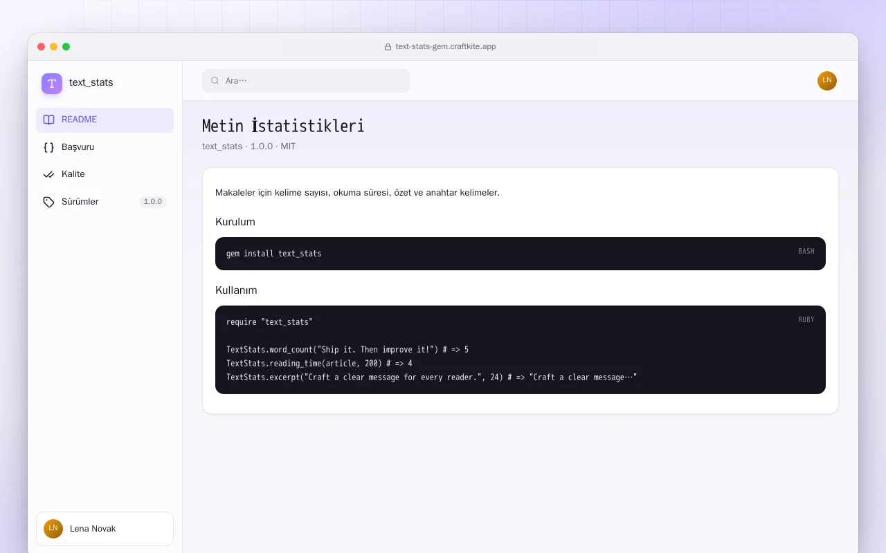 Metin İstatistikleri (Ruby): Metin İstatistikleri ekranı