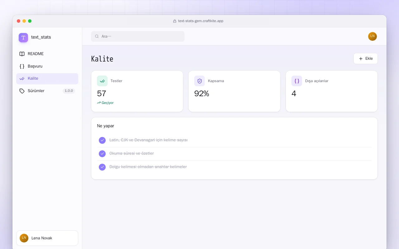 Metin İstatistikleri (Ruby): Kalite ekranı