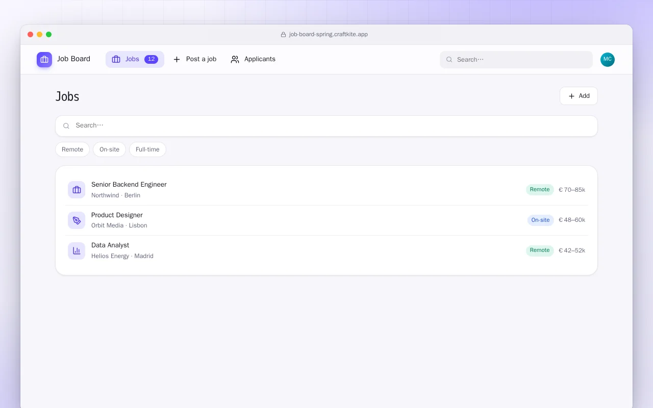 Job Board (Spring Boot): the Jobs screen