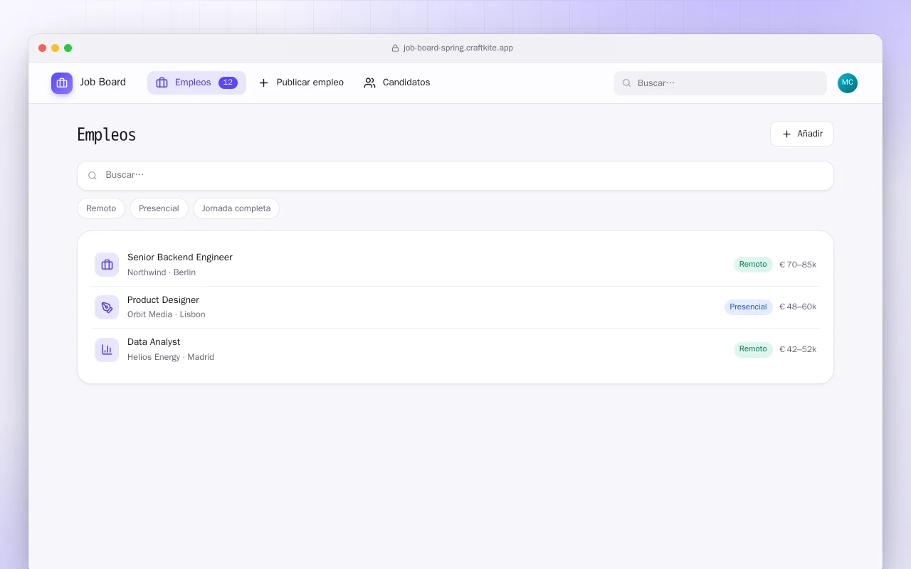Bolsa de empleo (Spring Boot): la pantalla Empleos