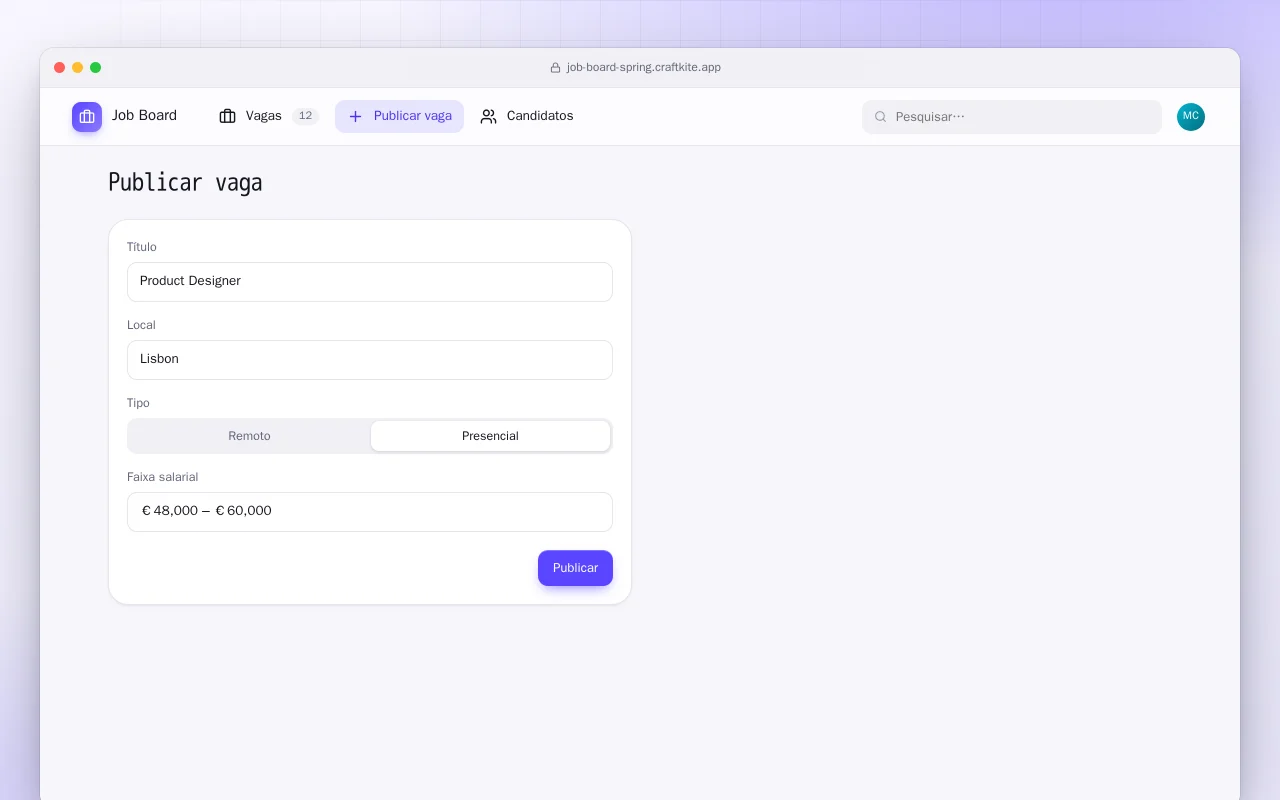 Quadro de vagas (Spring Boot): a tela Publicar vaga