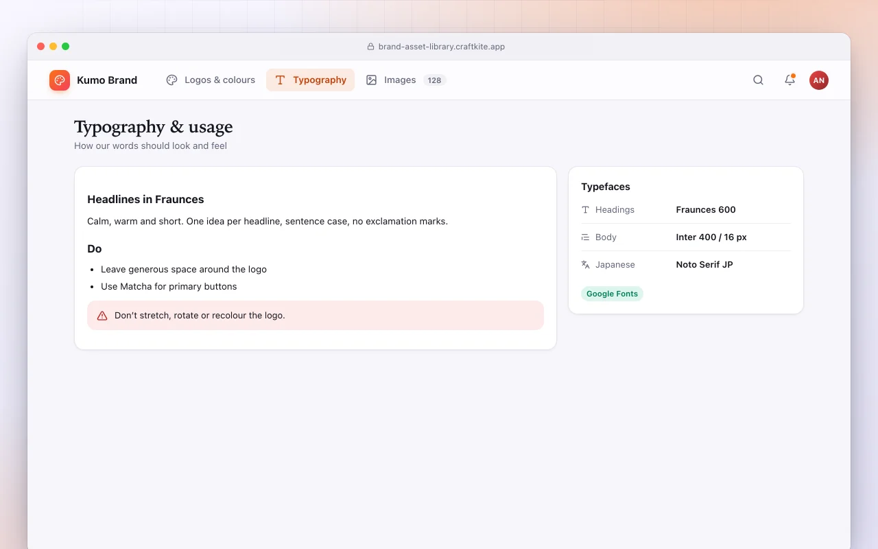 Brand asset library: the Typography & usage screen
