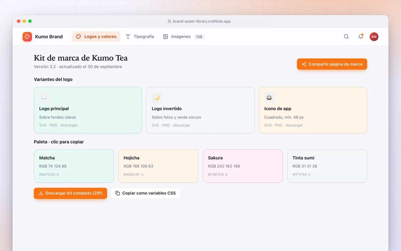 Biblioteca de recursos de marca: la pantalla Kit de marca de Kumo Tea