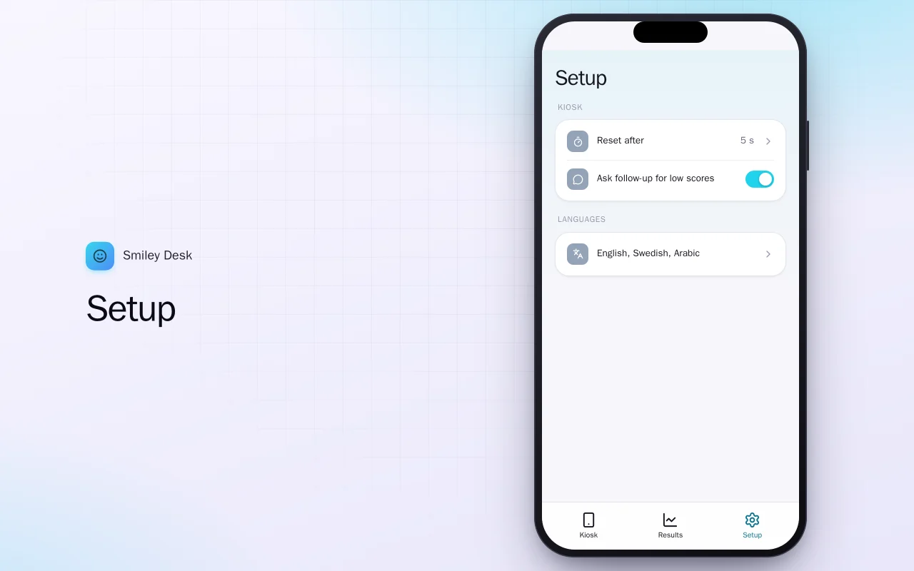 Customer survey kiosk: the Setup screen