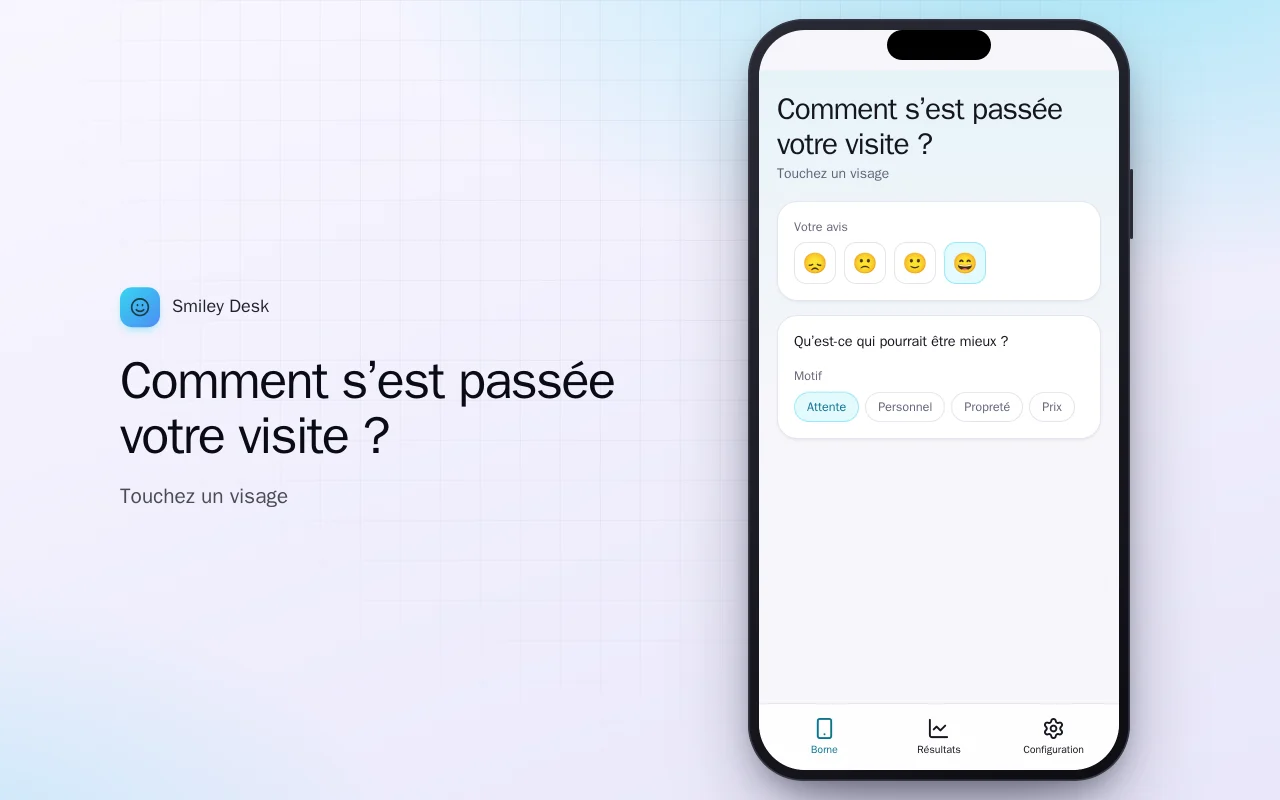 Borne d’enquête client : l’écran Comment s’est passée votre visite ?