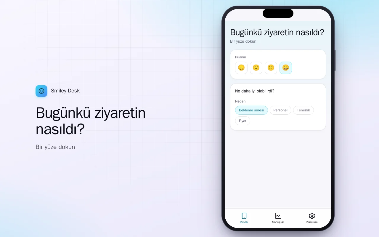 Müşteri anket kioskı: Bugünkü ziyaretin nasıldı? ekranı
