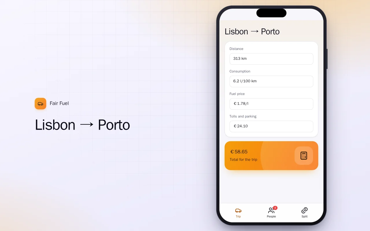 Trip fuel cost splitter: the Lisbon → Porto screen