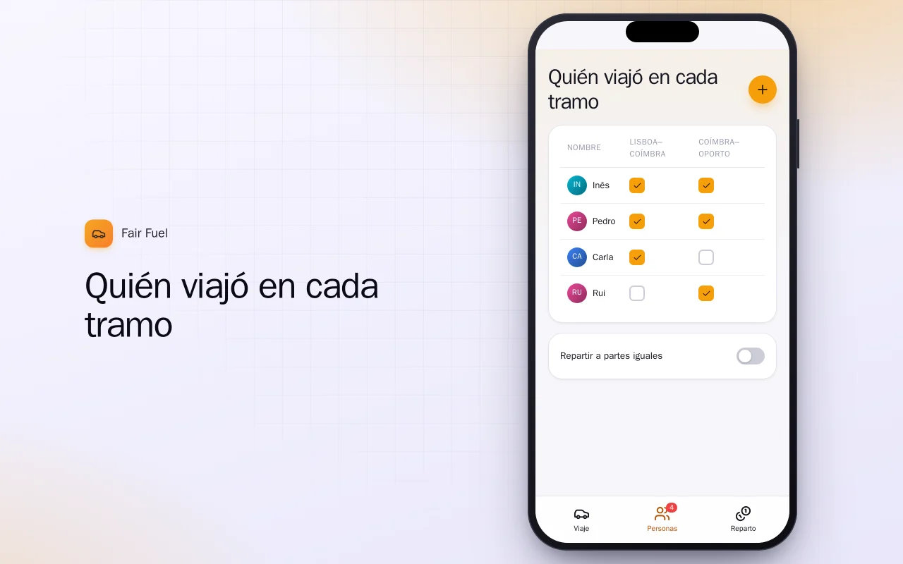 Calculadora de gasolina compartida: la pantalla Quién viajó en cada tramo