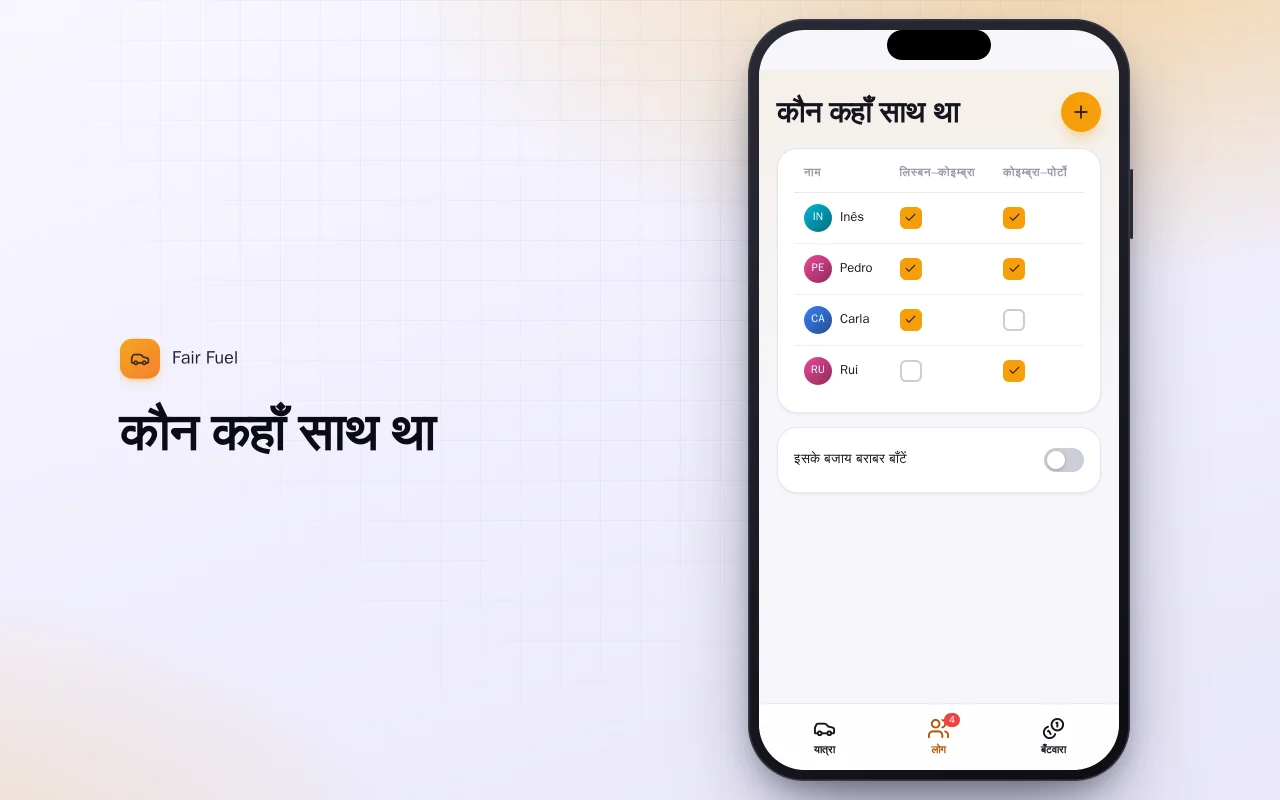 यात्रा ईंधन लागत बाँटने वाला: कौन कहाँ साथ था स्क्रीन