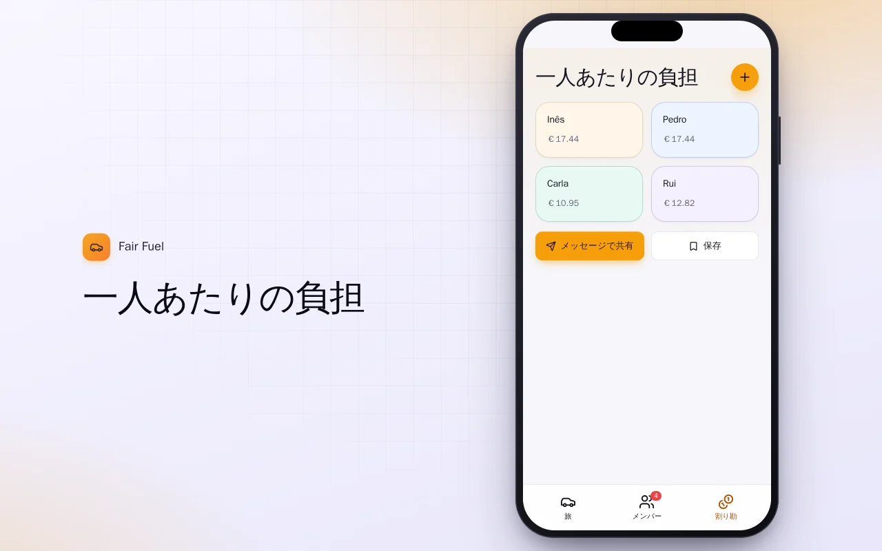 旅の燃料費割り勘：一人あたりの負担画面