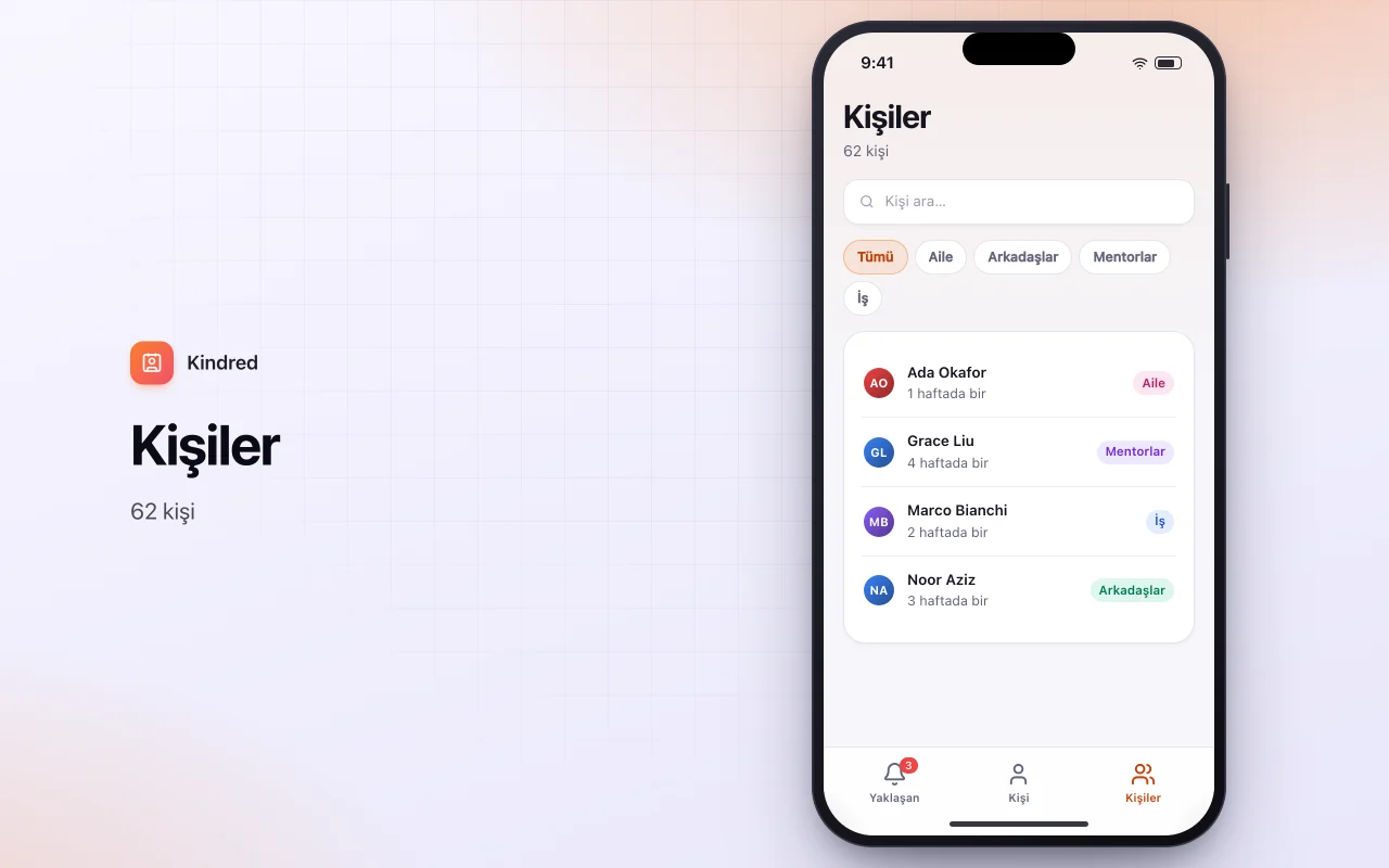 Kişisel CRM: Kişiler ekranı