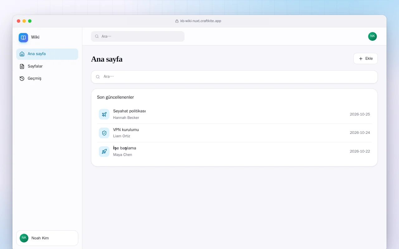 Ekip Wikisi (Nuxt): Ana sayfa ekranı